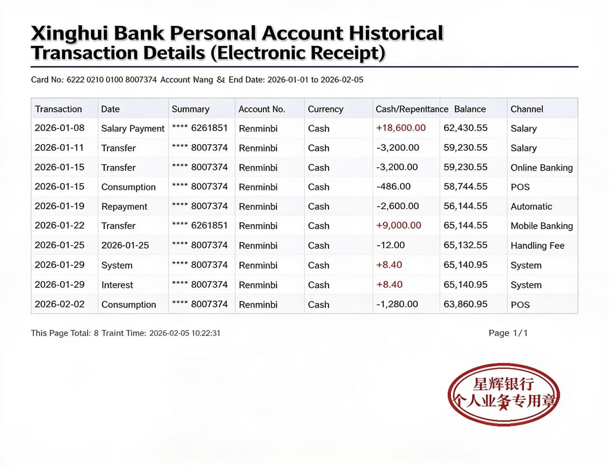 Clear scanned Chinese bank statement after machine translation to English, showing a duplicated row